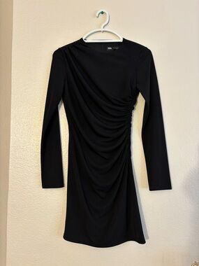 Zara Black Long-Sleeve Ruched Side Mini Dress